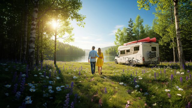 Bilde av par på bobiltur i skogen